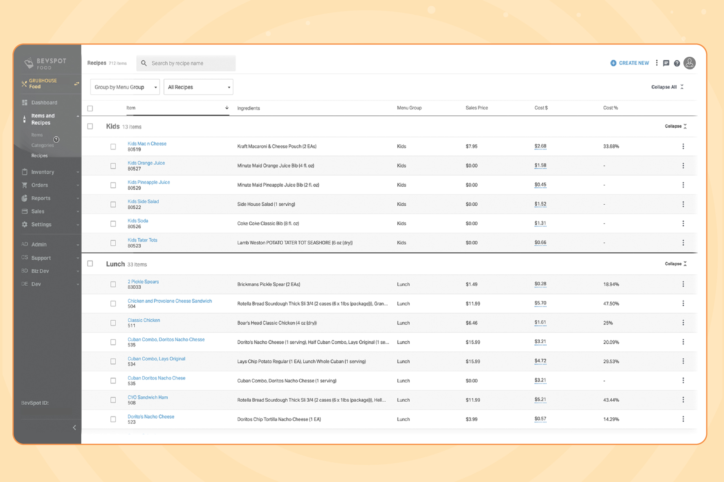 screenshot of BevSpot Food and Beverage Management
